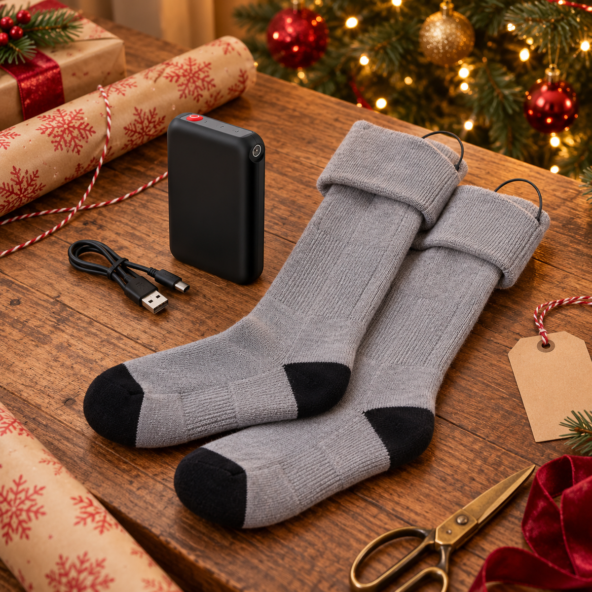 Calcetines calefactables para regalar en Navidad, con batería y cable